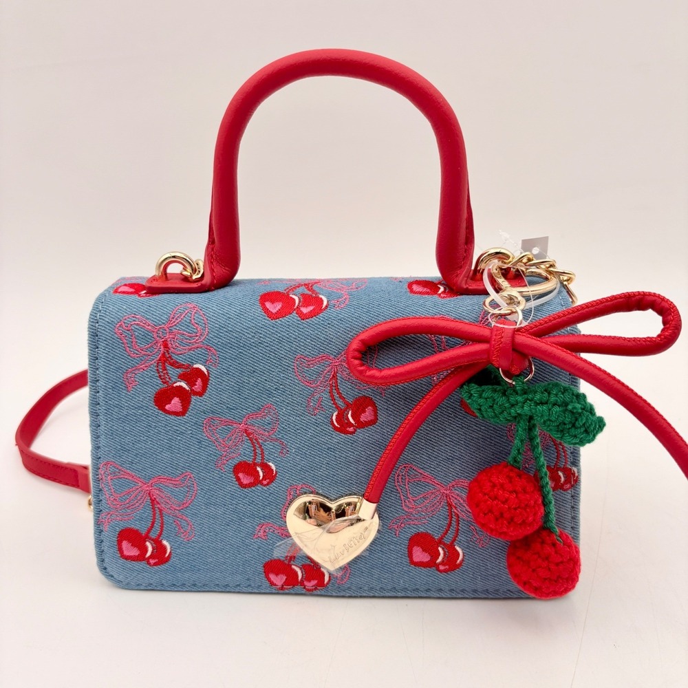 Luv‎ Betsey Johnson Blue Denim Cherry Embroidered Crossbody Bag Red Bow Charm